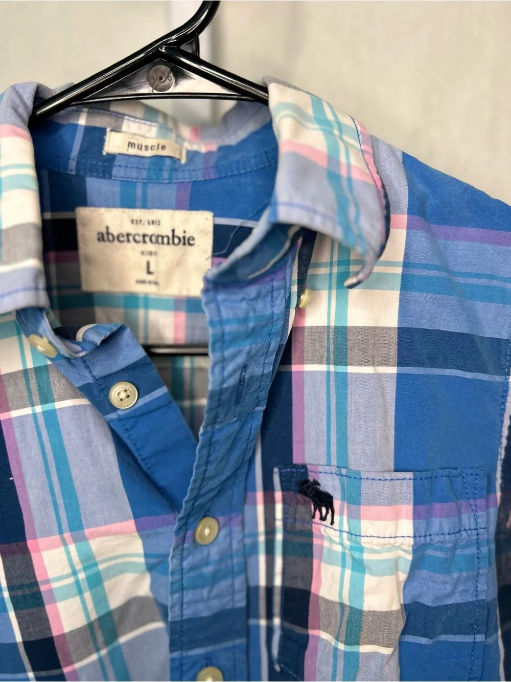 Vintage Y2K Abercrombie Kids Plaid Button Down Shirt Blue Pink Muscle Fit L